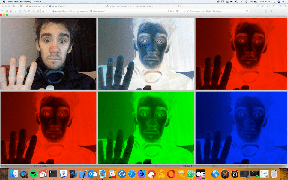 Six inverted images appear of Struan each with a different hue. The first is full colour, the second is inverted, the third is red and inverted, as is the fourth, the fifth is green and inverted and the last is blue and inverted. Struan looks very suprised and is waving.