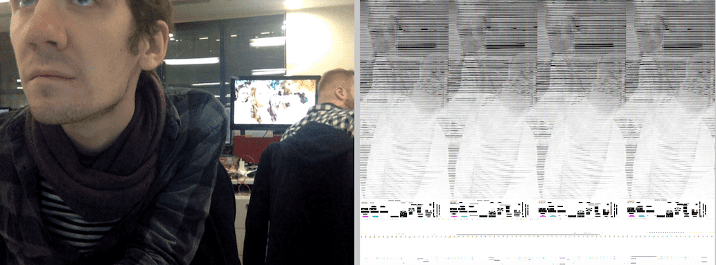 Struan partially appears in an office environemnt. A distorted image appears beside the webcam feed that appears to show a broken webcam feed.
