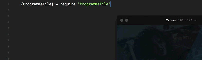programmeTile = new ProgrammeTile is written in an IDE and the preview shows the tile appear