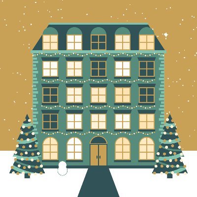 A p5js sketch illustrating a house with 25 windows at Christmas time