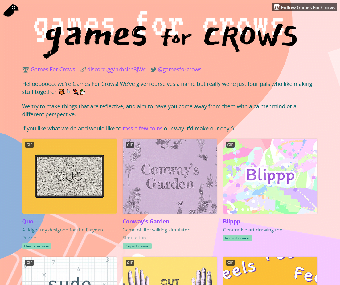 A screenshot of the Games for Crows itch page