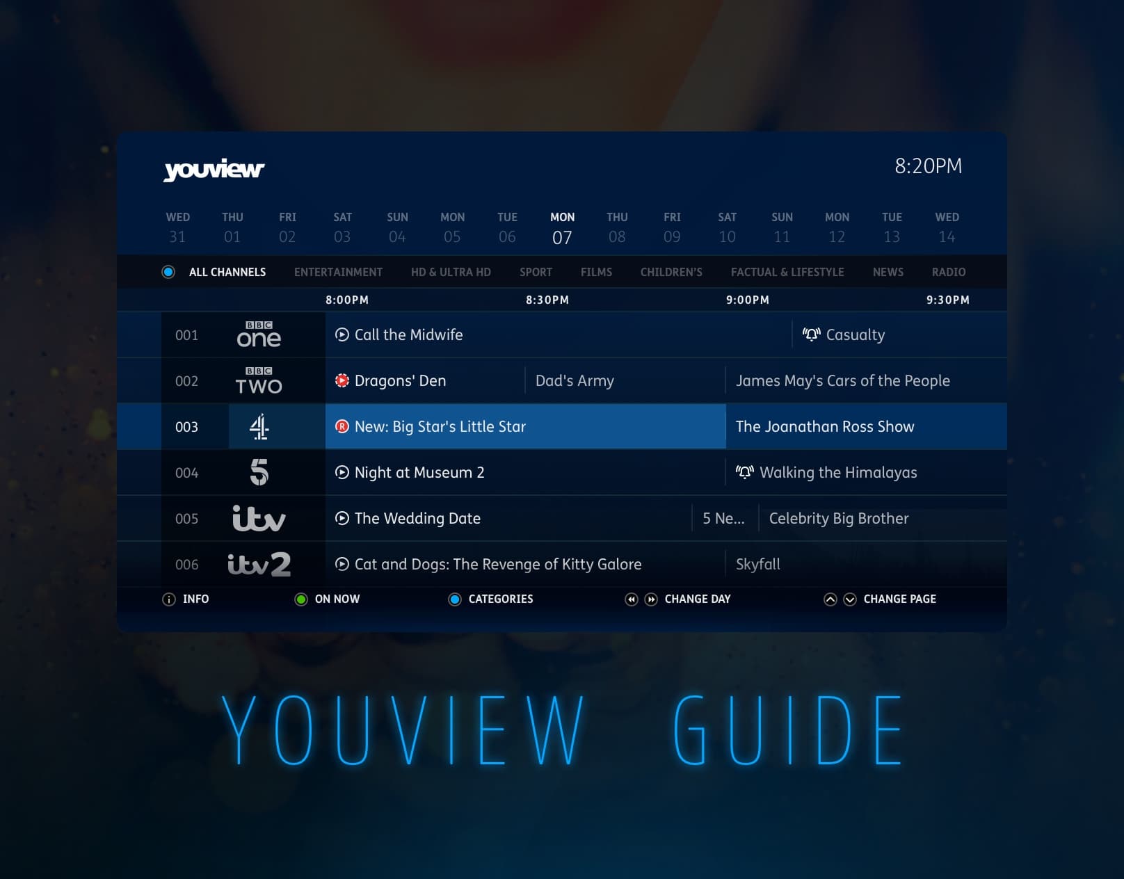 YouView's TV Guide showing a range of programmes from UK broadcasters.