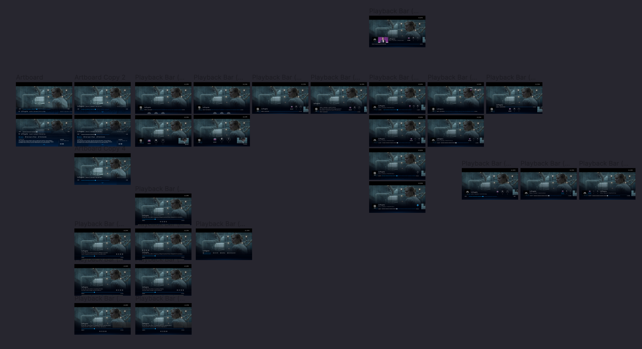 A large number of artboards showing playback bar concepts displayed on a Figma canvas.