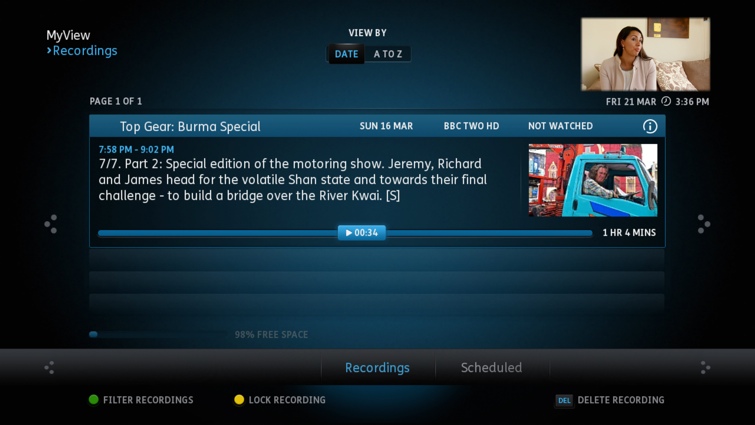 Youview's old My View screen showing a bar that allows you to start watching at a later point in the programme. The bar shows the time in minutes you will start at.
