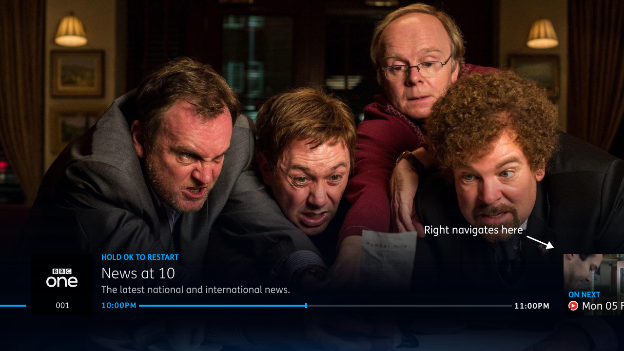 The playback bar with an image of the next episode peaking in at the bottom right. An arrow pointing to it reads 'right navigates here'