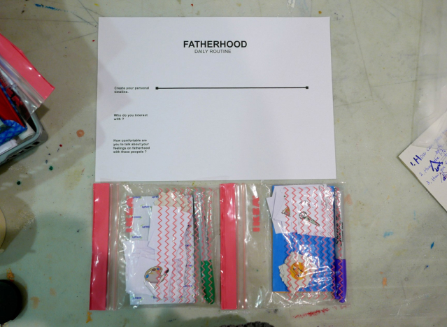 Illustration of three dads. One walking, one using a wheelchair and one sitting on a bucket.